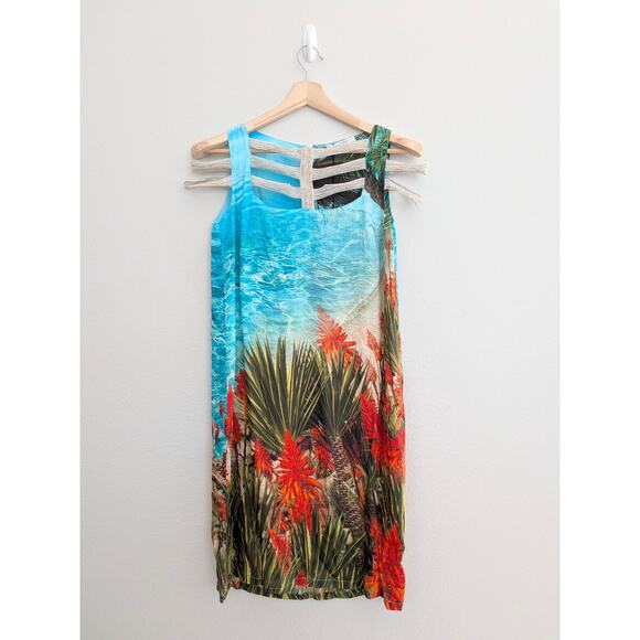 Oblique Creations Italian Designer Tropical Dress Blue Size 0 US Small - Picture 1 of 7